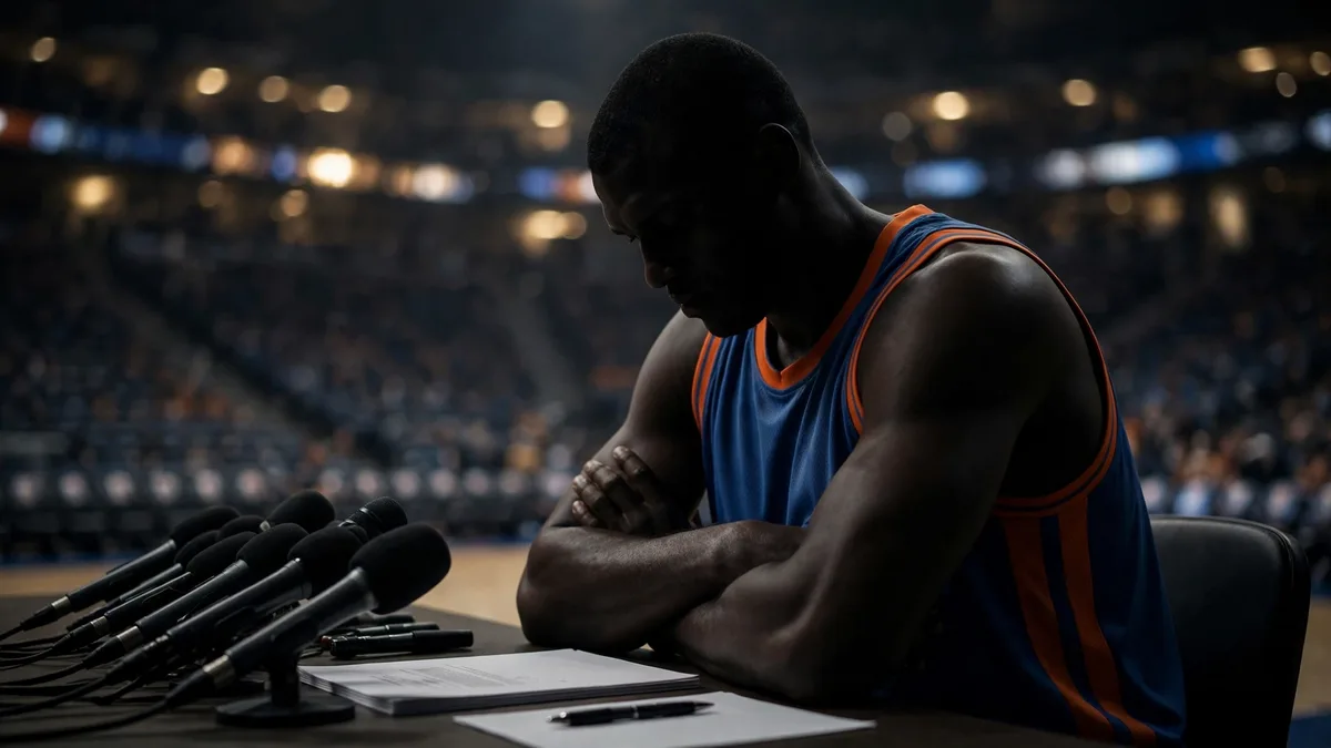 A tall anonymous basketball center in a blue and orange uniform sitting with arms folded at a press conference table, microphones in front of him and an unsigned document and pen untouched on the table, face in shadow, editorial graphic