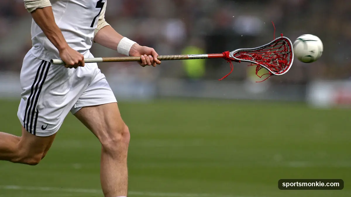 Close-up of a player cradling a ball in a traditional leather-strung lacrosse pocket on the field