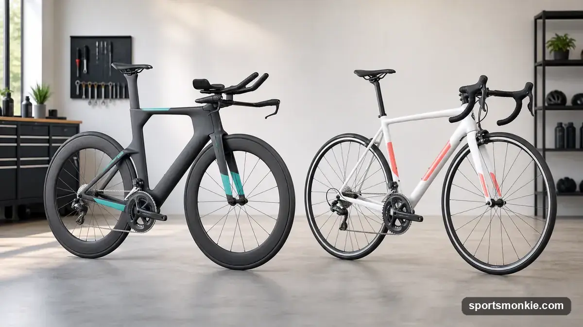 Triathlon bike with aero bars and forward geometry next to a standard road bike with drop handlebars