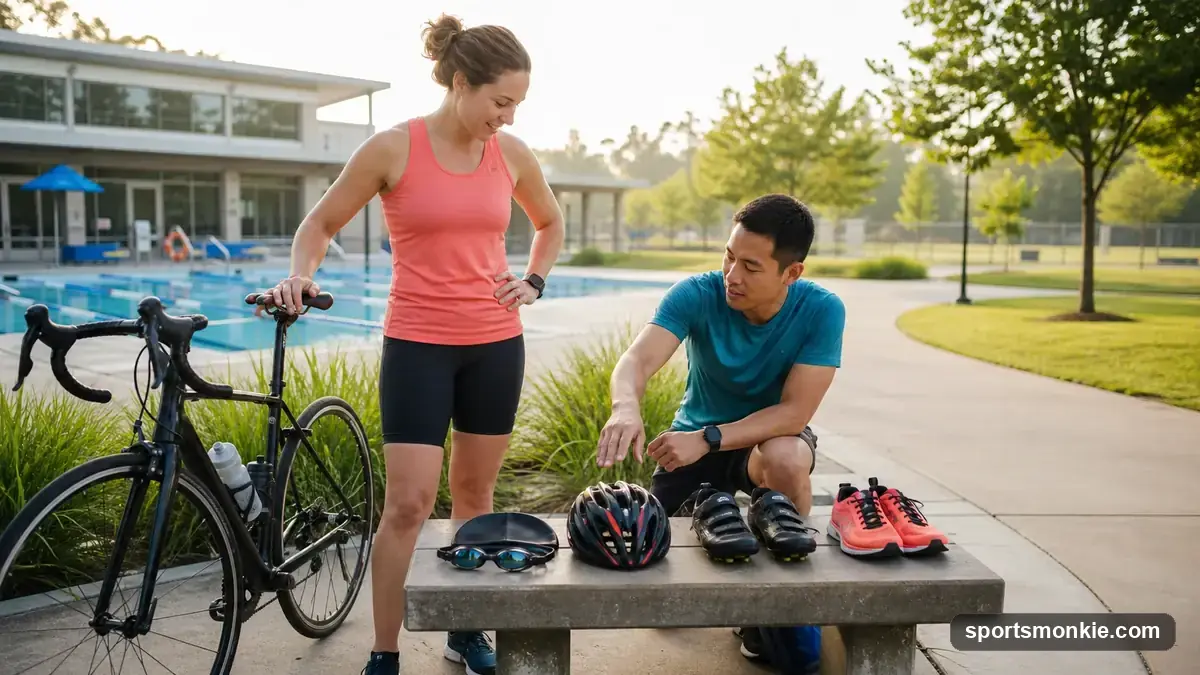Triathlon training plan: swimmer, cyclist, and runner icons over a weekly schedule