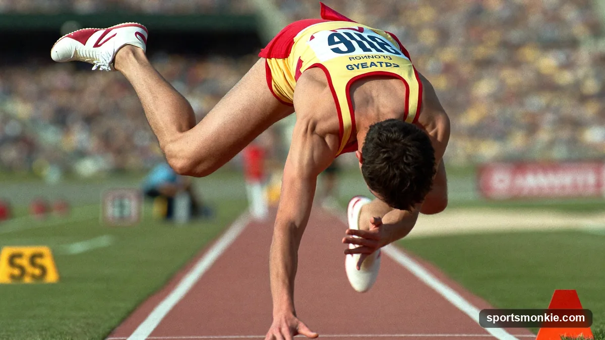 Track and field athlete mid-air during the hop phase of a triple jump, sand landing pit and takeoff board visible on an outdoor track