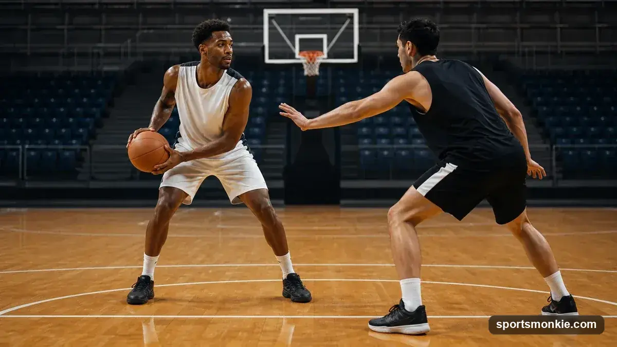 A basketball player in the triple-threat stance, ready to shoot, pass or dribble