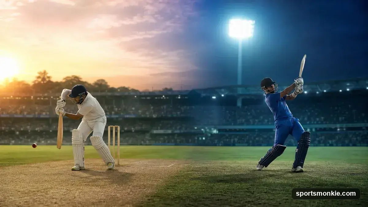 A split editorial scene contrasting cricket formats: whites-clad Test players on one side, a floodlit T20 match with colored kits on the other, representing the range from slowest to fastest format