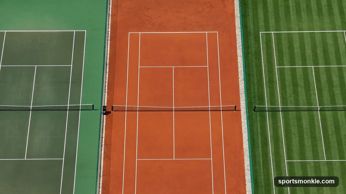 Split image showing the four tennis court surfaces side by side: blue hard court, red clay court, green grass court, and blue carpet court
