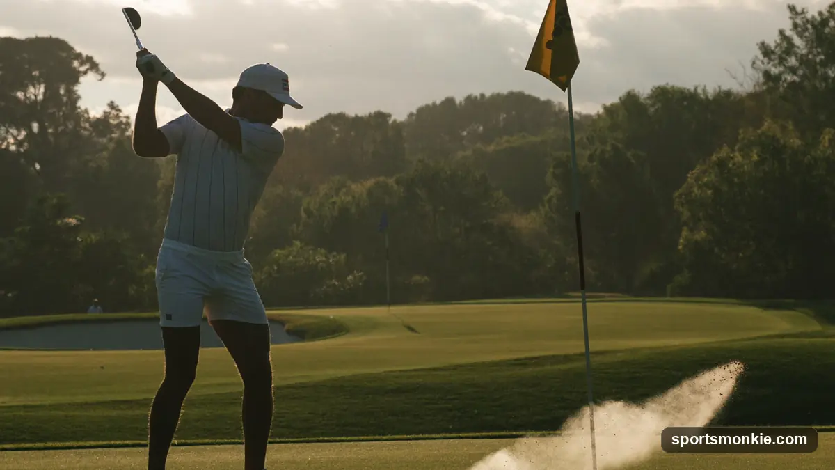 Golfer chipping onto the green from the fringe, ball rolling toward the hole