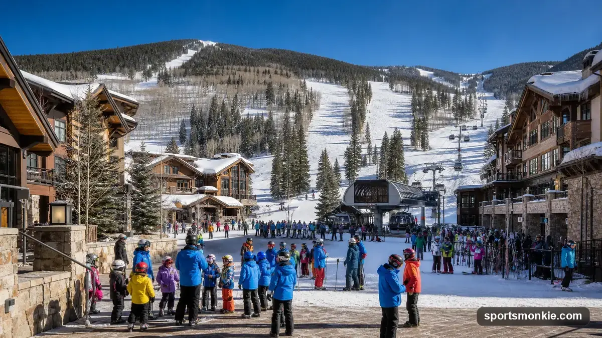 Ski instructor leading a beginner group lesson at a Vail Resorts mountain