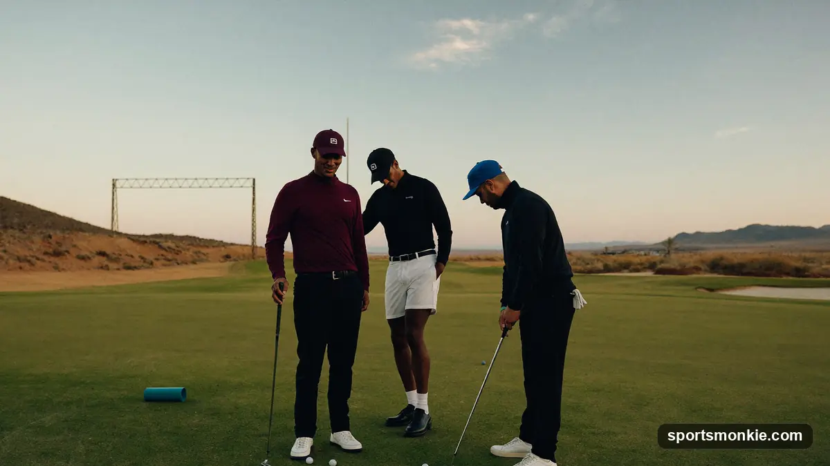 Four golfers marking a scorecard on a cart, playing a two-versus-two money game