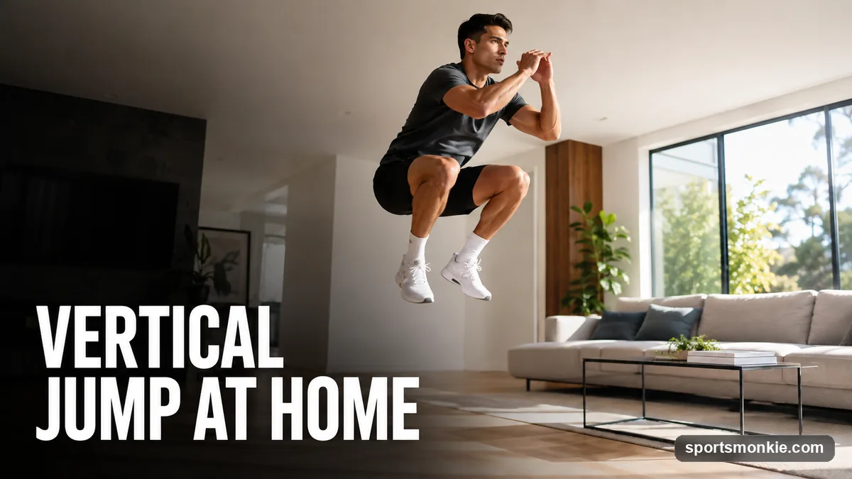 An athlete performing a bodyweight squat jump in a living room with no equipment