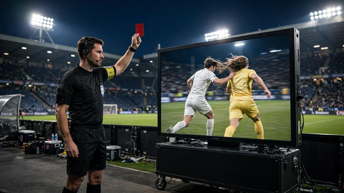 A referee holding up a red card beside a glowing VAR review screen showing a generic player with his hand in another player's hair as they sprint, two generic footballers in plain unbranded kits under floodlights, editorial graphic