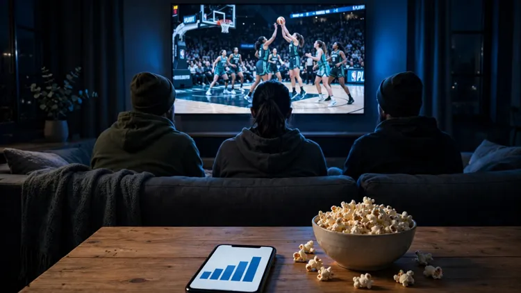 Generic fans on a sofa watching a women's basketball playoff game on a large television at night while a smartphone on the coffee table shows a simple bar chart, editorial graphic
