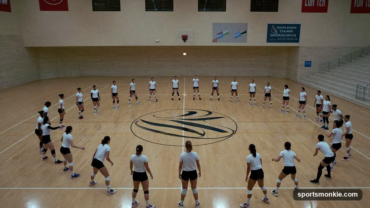 Six indoor volleyball players in their rotational positions on the court before a serve