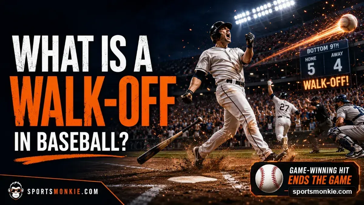 Baseball hitter watching a game-winning walk-off hit under stadium lights