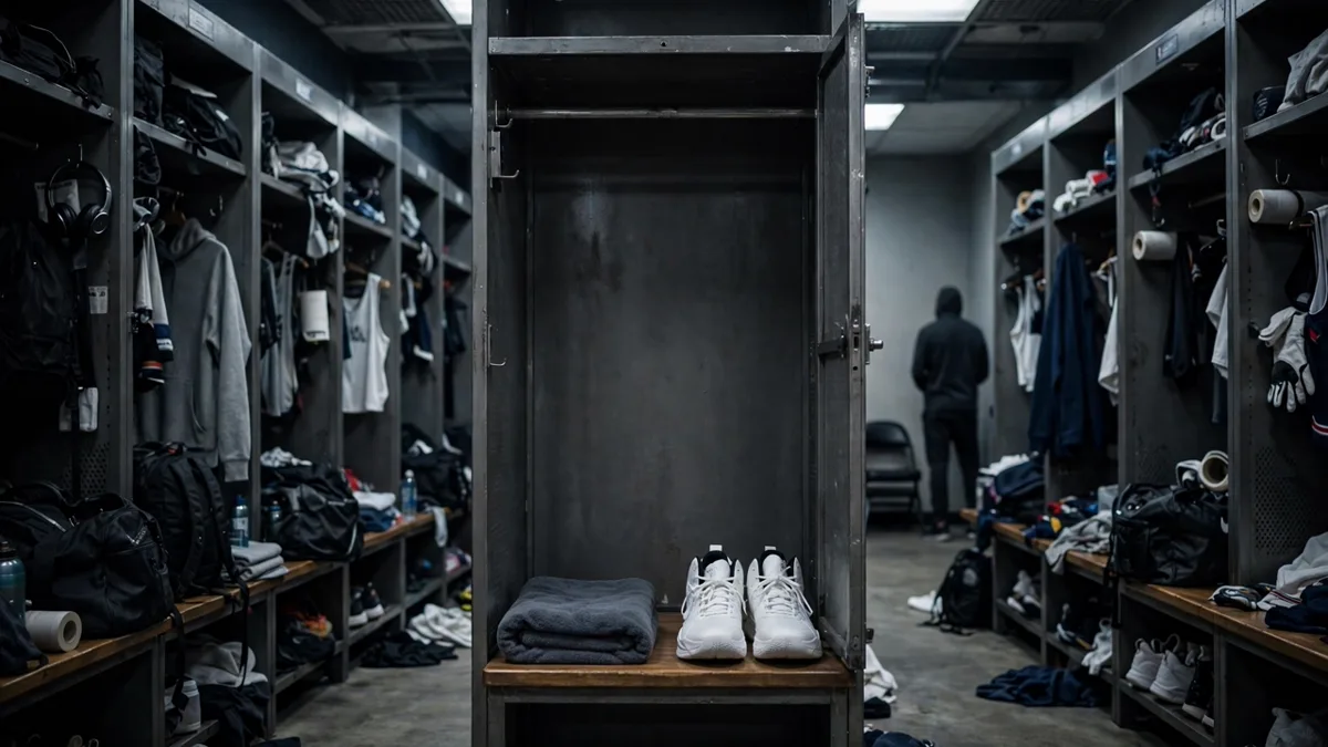An empty tall locker stall in a professional basketball locker room with a folded towel and a pair of untouched oversized shoes, the neighbouring stalls full of gear, editorial graphic
