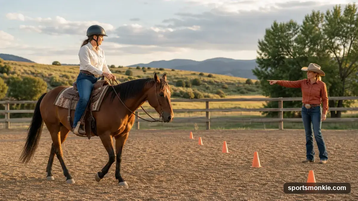 Split image showing a Western saddle with horn and a rider holding one rein next to an English saddle with a rider in forward hunt-seat position