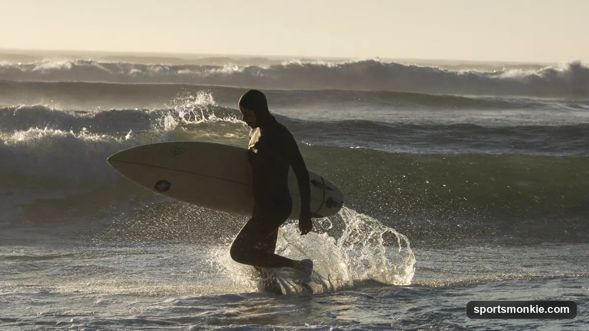 Surfer in a black fullsuit wetsuit walking into cold ocean water with a surfboard
