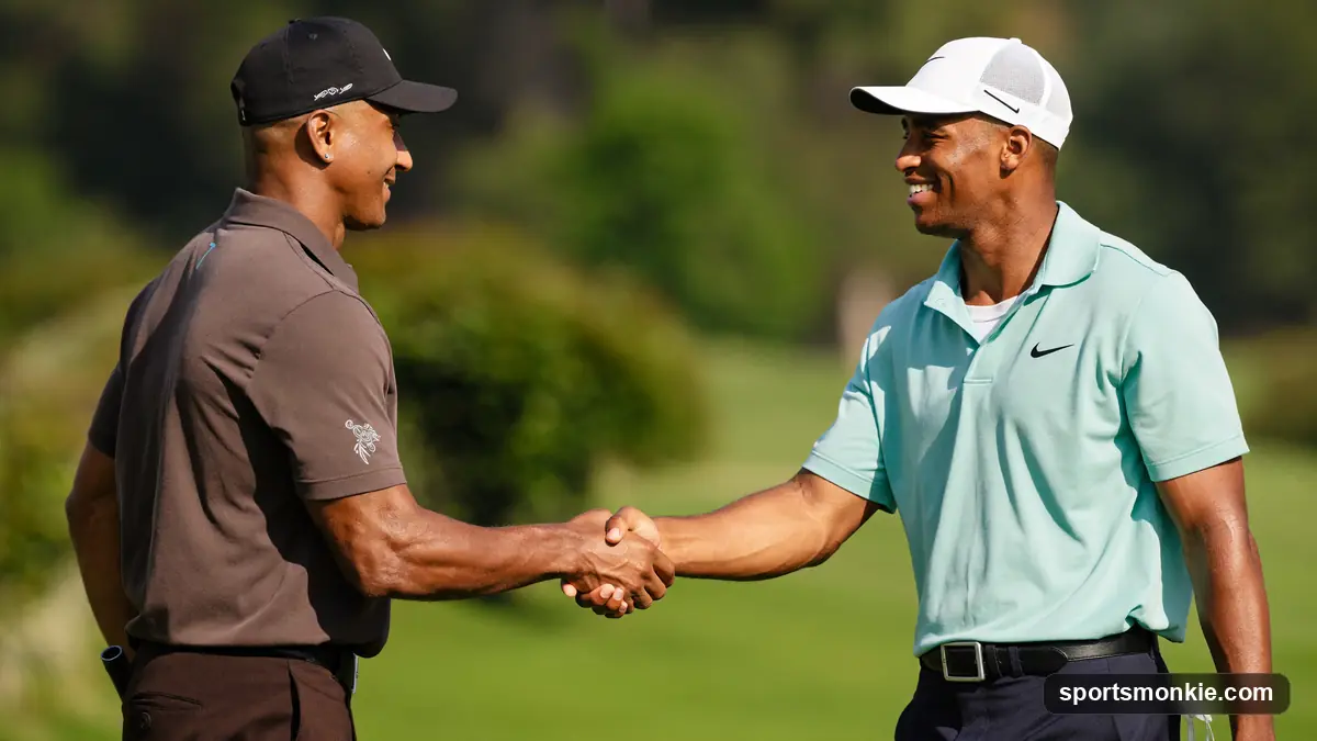 Two golfers shaking hands on a green as a match play round finishes early