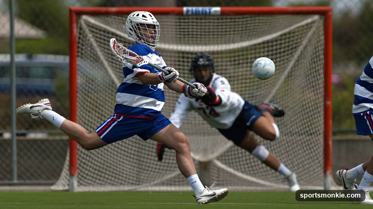 A lacrosse player following through on a hard shot as the ball flies toward the top of the goal past a diving goalie