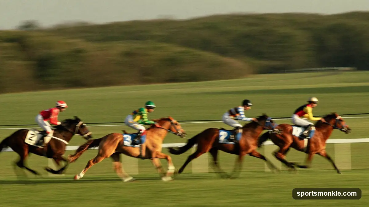 Racehorses breaking from the gate in a handicap race, jockeys carrying assigned weights