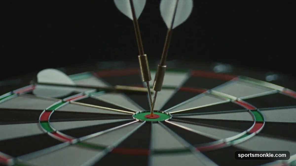 Three darts clustered in the treble 20 bed of a dartboard during a perfect leg
