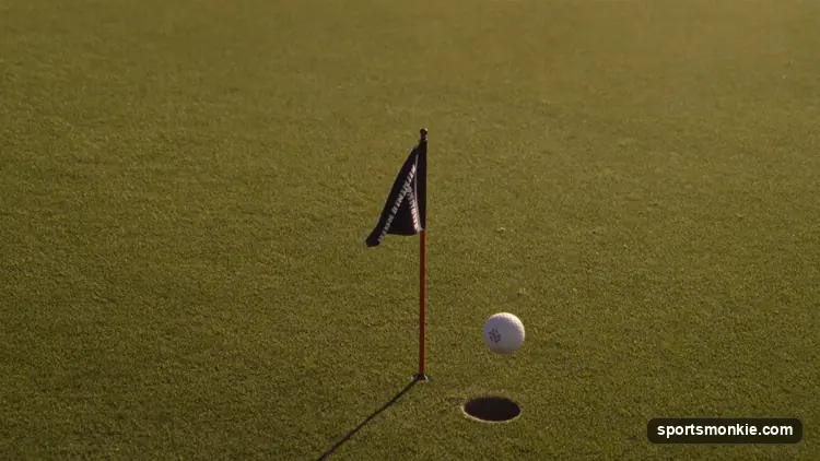 Golf ball resting beside the hole after a one-shot hole-out
