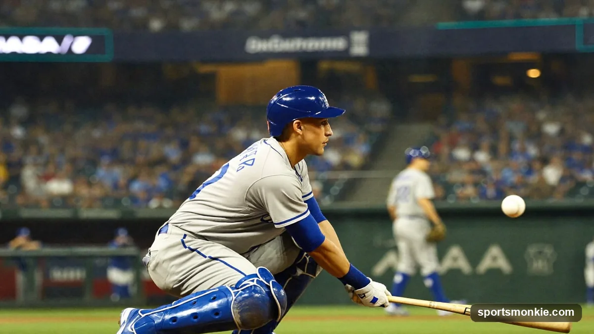 A baseball batter squares around to bunt the ball toward the infield.