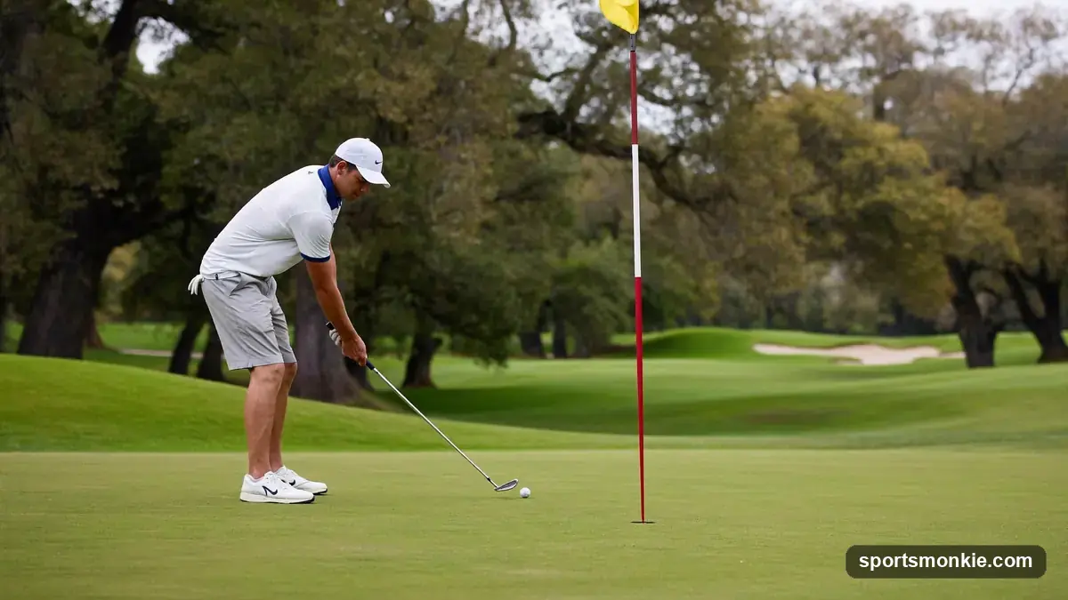 A golfer cutting the corner of a dogleg par 5 over trees to drive the green for a condor