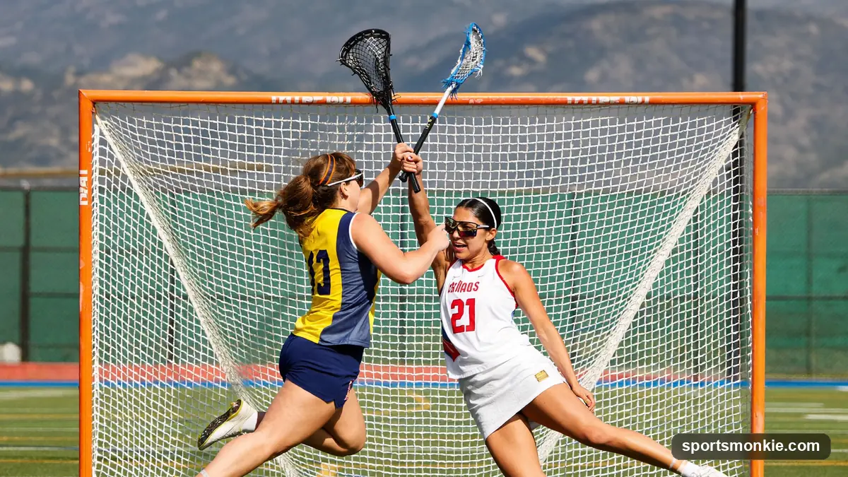 Two women's lacrosse players contesting the draw at the center of the field
