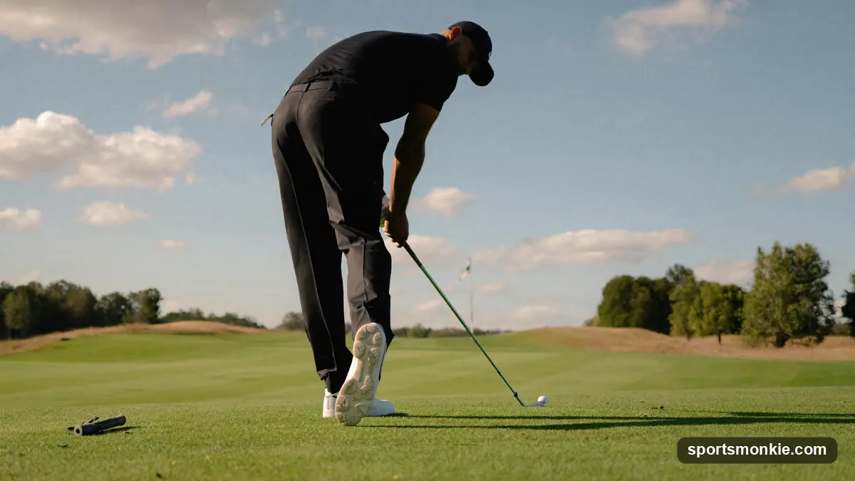 A golfer teeing off with a long iron on a windswept links fairway, ball flighted low against the sky