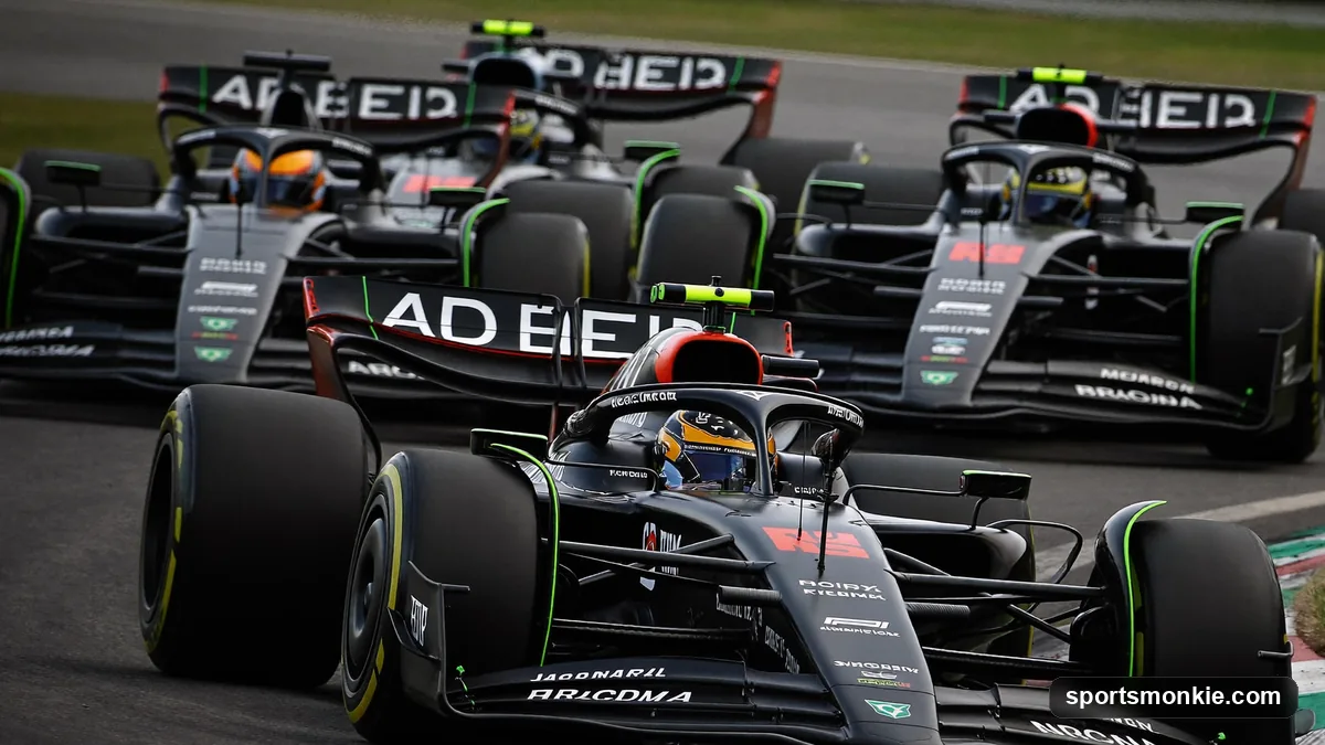 A line of Formula 1 cars running nose to tail down a straight in a DRS train