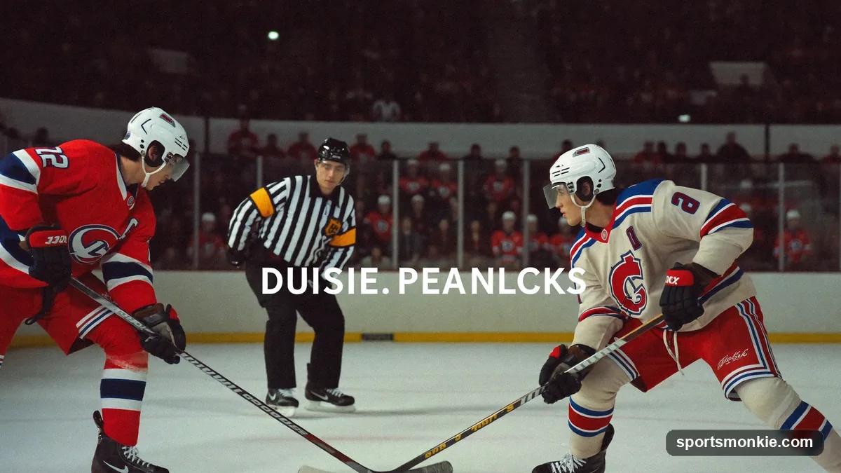 Two hockey centers battling for the puck as an official drops it at a faceoff dot