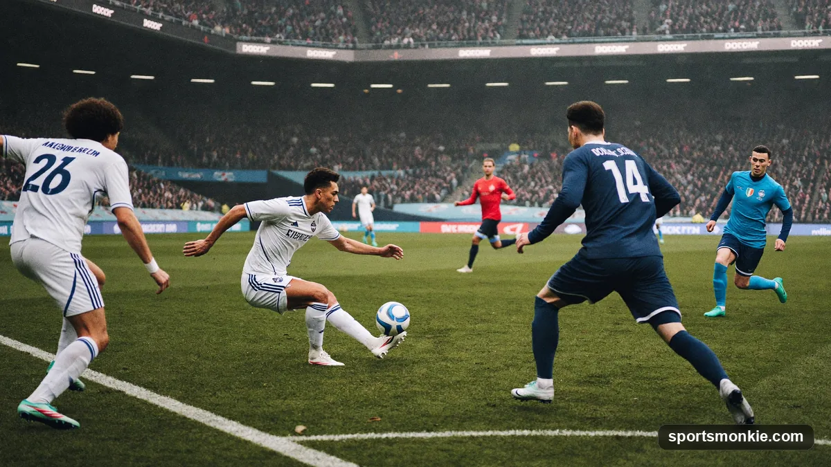 Football forward dropping into midfield space to receive the ball as defenders hesitate