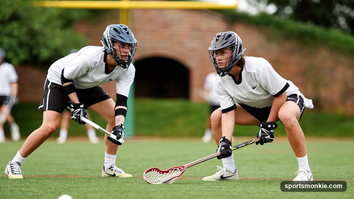 Two lacrosse faceoff specialists crouched over the ball at midfield waiting for the whistle