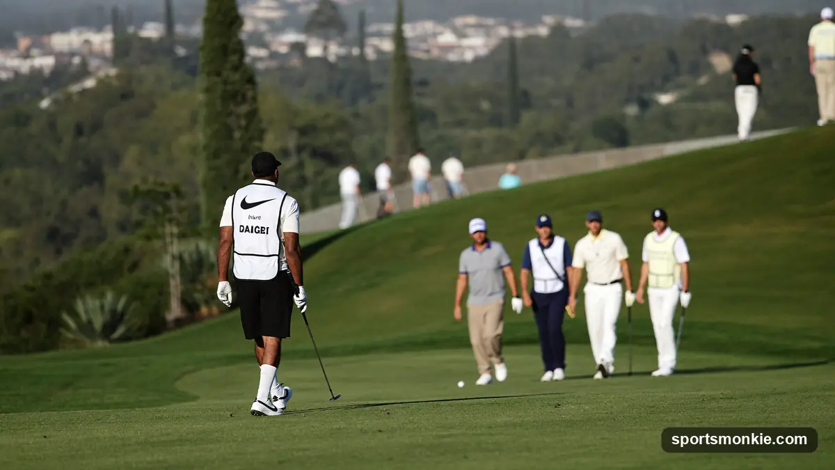 A caddie in a bib standing down the fairway watching a group of golfers tee off on a resort course