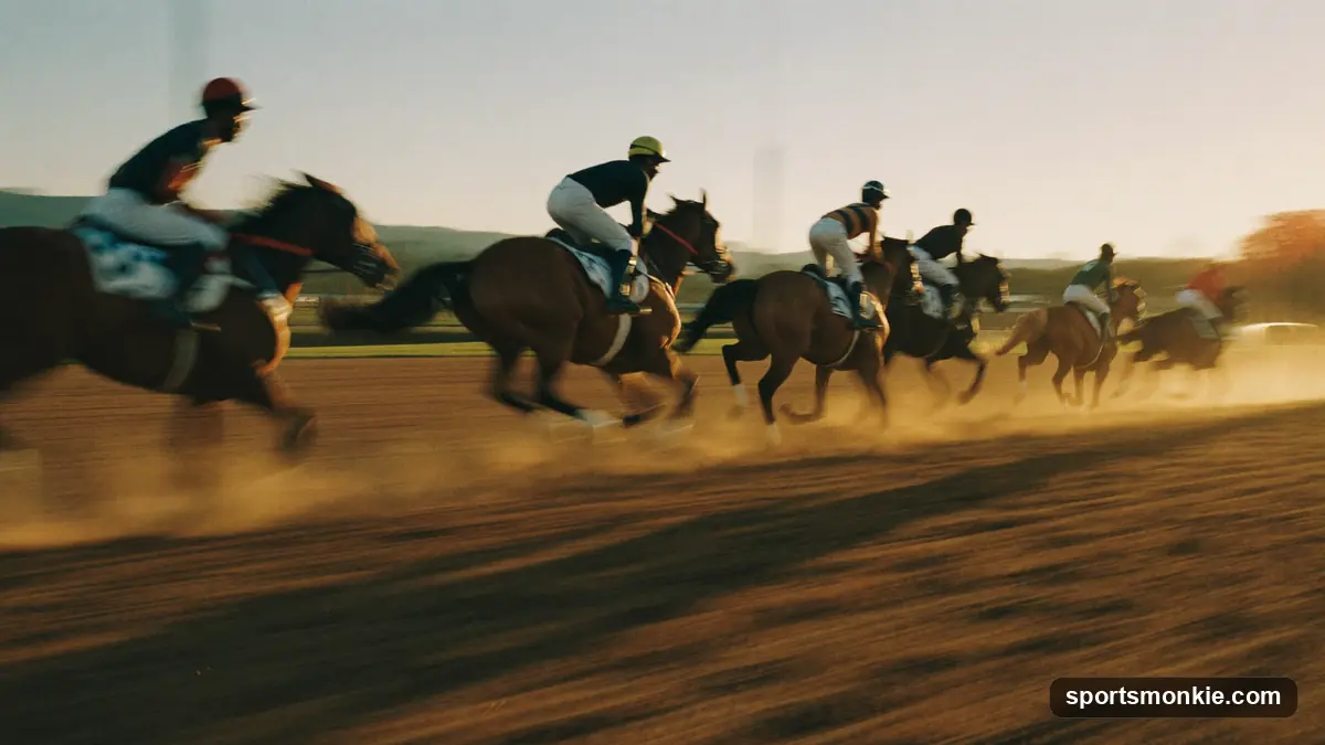 Racehorses passing a furlong marker post along a turf racecourse