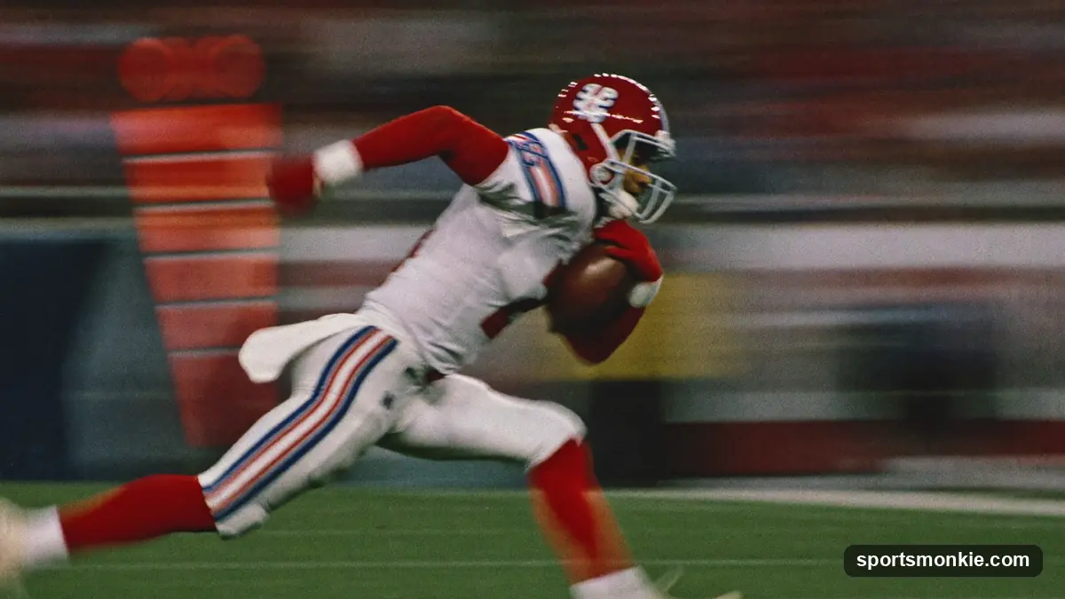 An NFL prospect sprinting the 40-yard dash at the scouting combine under stadium lights