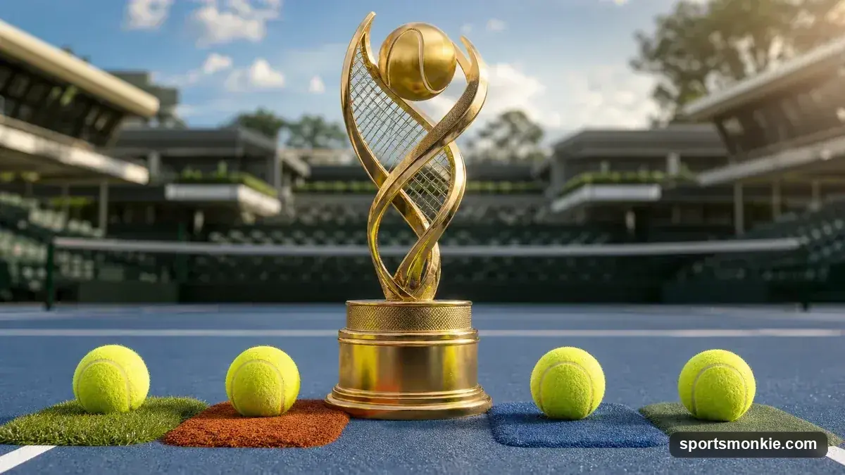 A tennis trophy on a grass court, representing the four Grand Slam tournaments