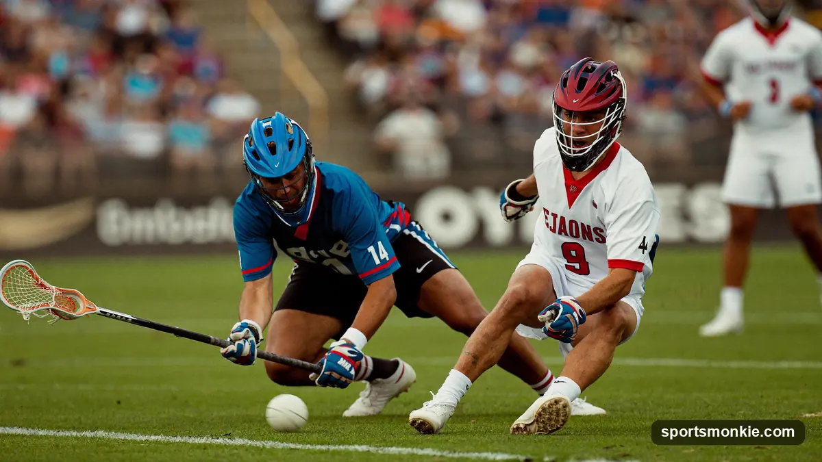 Two lacrosse players battling low to scoop a loose ground ball off the turf during a game