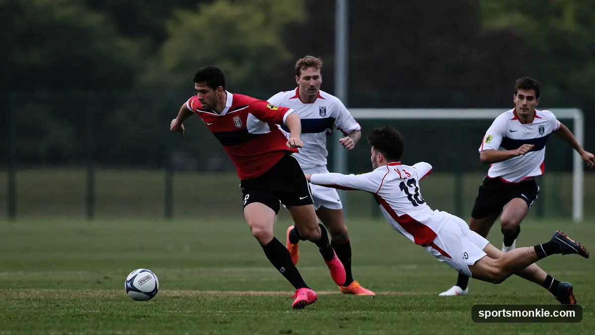 Rugby player fumbling the ball forward as opponents close in