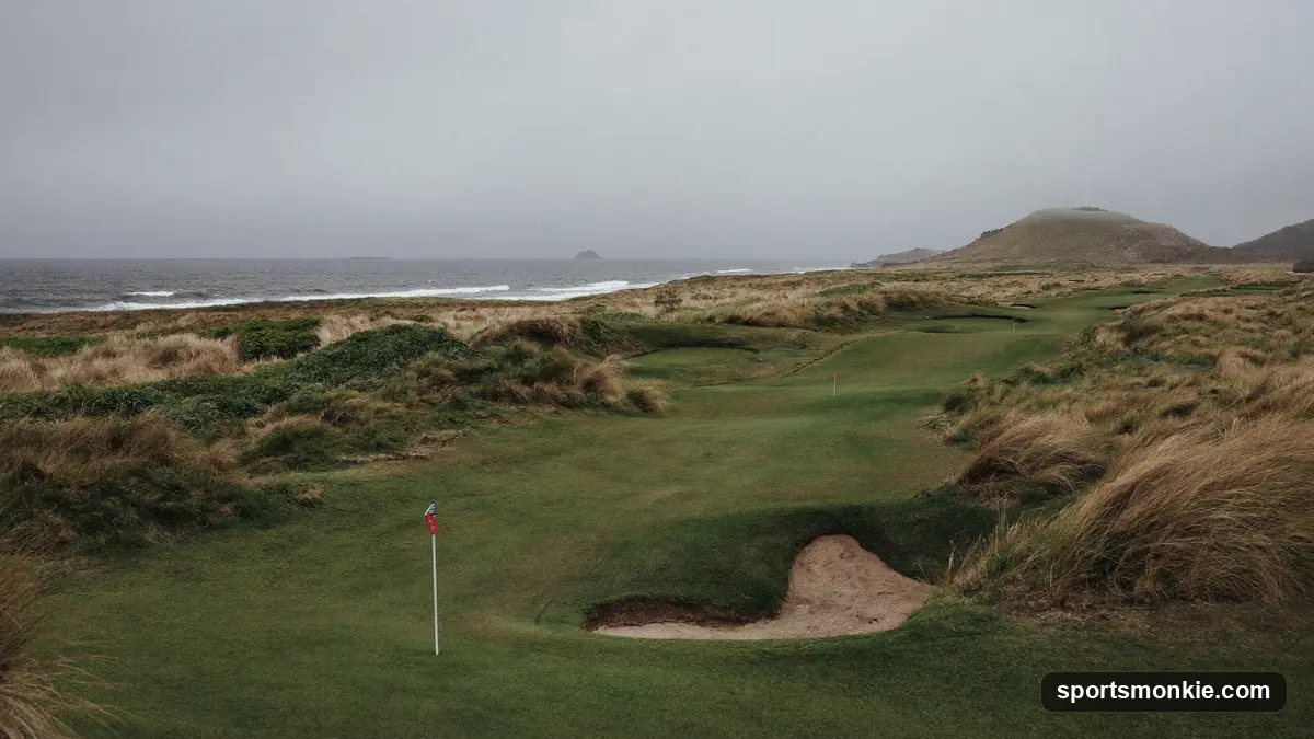 Coastal links golf course with sand dunes, fescue rough, deep pot bunkers and no trees under a windy sky