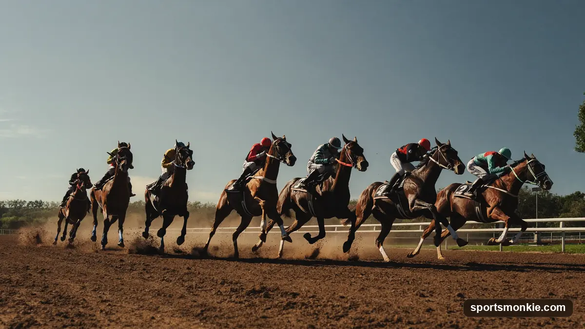 Thoroughbred racehorses breaking from the starting gate in a maiden race