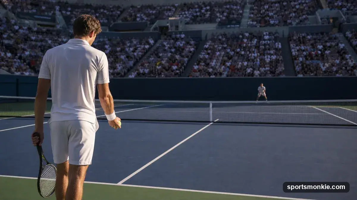 A tennis player about to serve at match point, visible tension on court