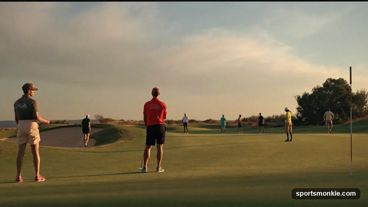 Golfers on an accessible public golf course with a simple clubhouse in the background