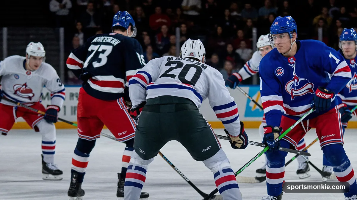 Short-handed hockey players in a defensive box formation during a penalty kill
