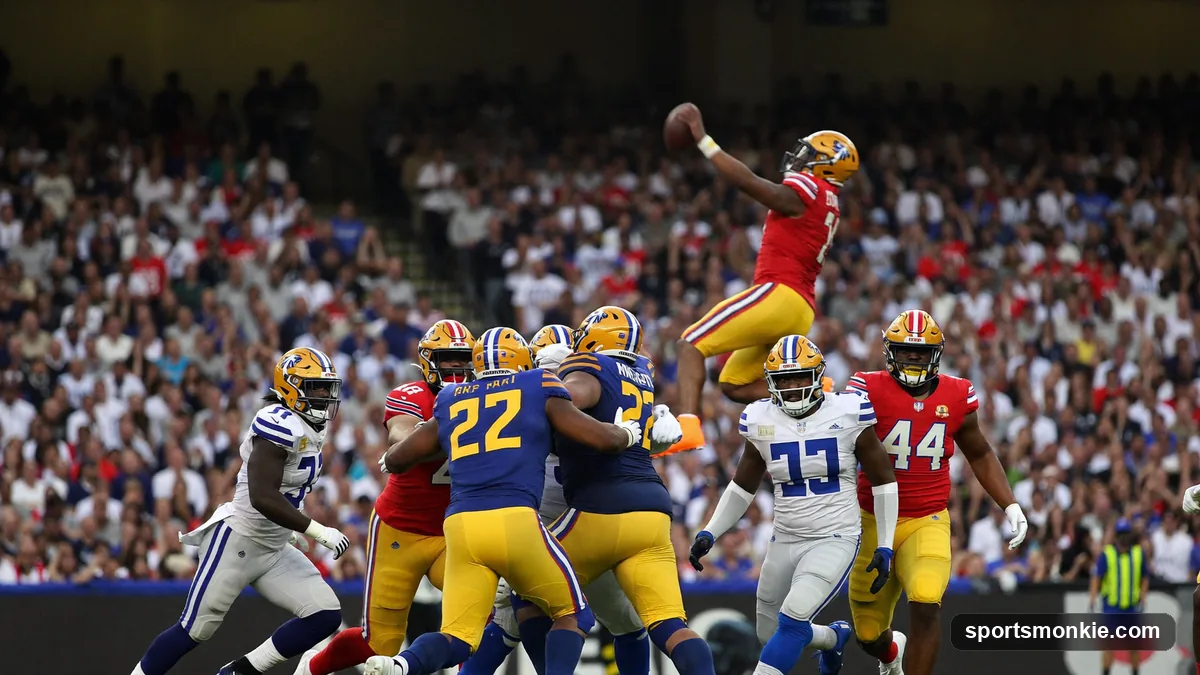 NFL quarterback diving forward behind his center and guards on a QB sneak in short yardage