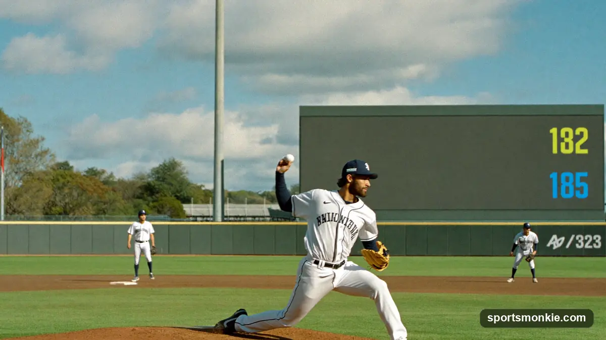 Baseball starting pitcher on the mound in wind-up at a sunlit stadium