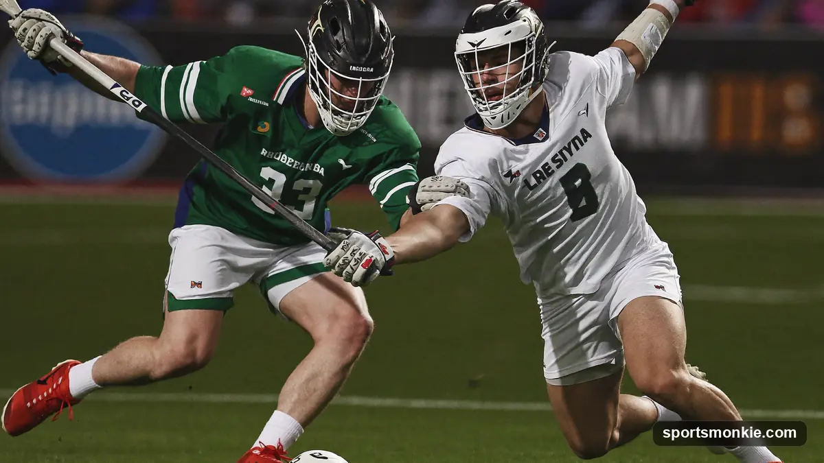 Lacrosse attacker pressuring a defender attempting to clear the ball upfield