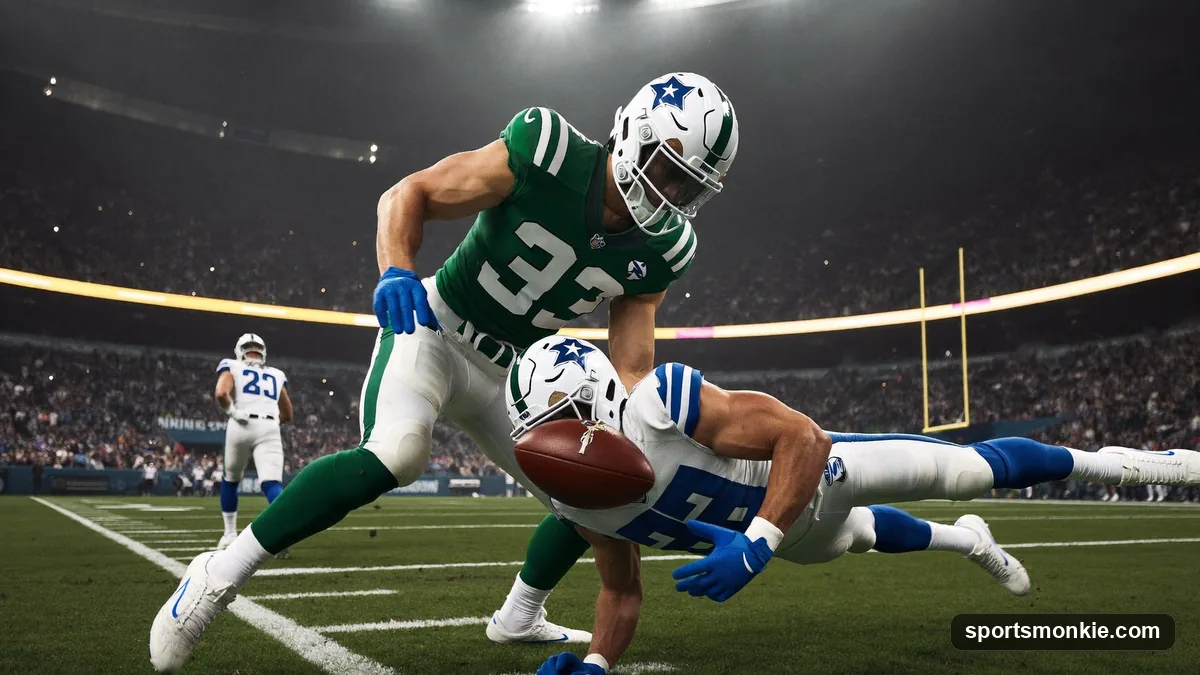NFL defender tackling the quarterback behind the line of scrimmage for a sack