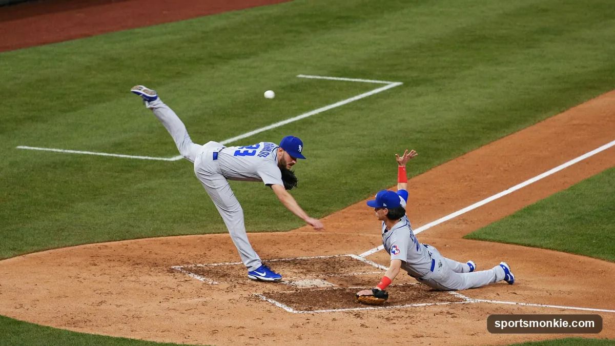 A batter watches a deep fly ball while a runner tags up at third base to score on a sacrifice fly