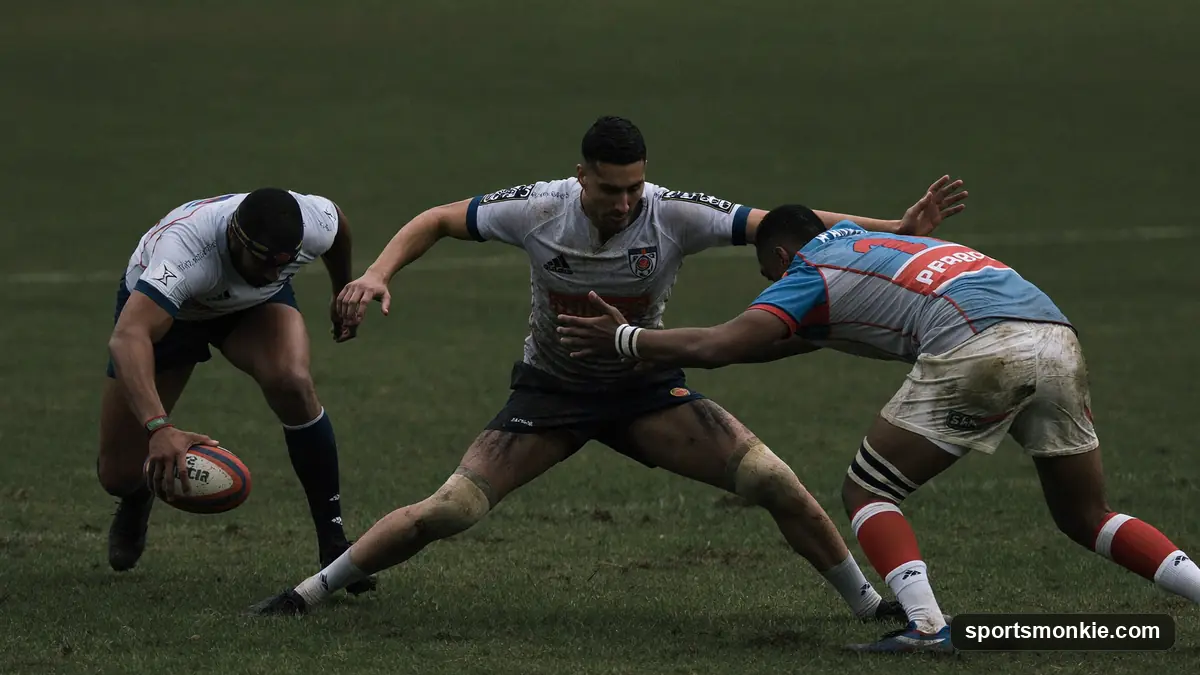 Two packs of rugby forwards bound together and pushing in a scrum as the ball is fed in