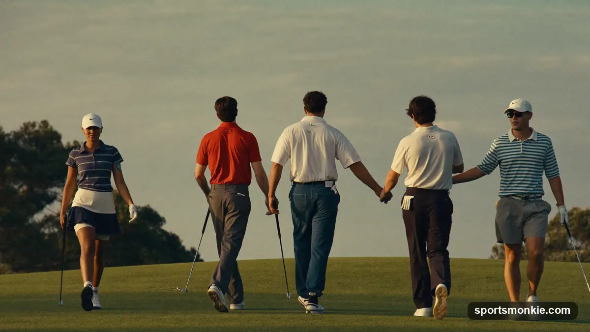 Golf shamble format diagram showing four tee shots, one chosen drive, then individual play